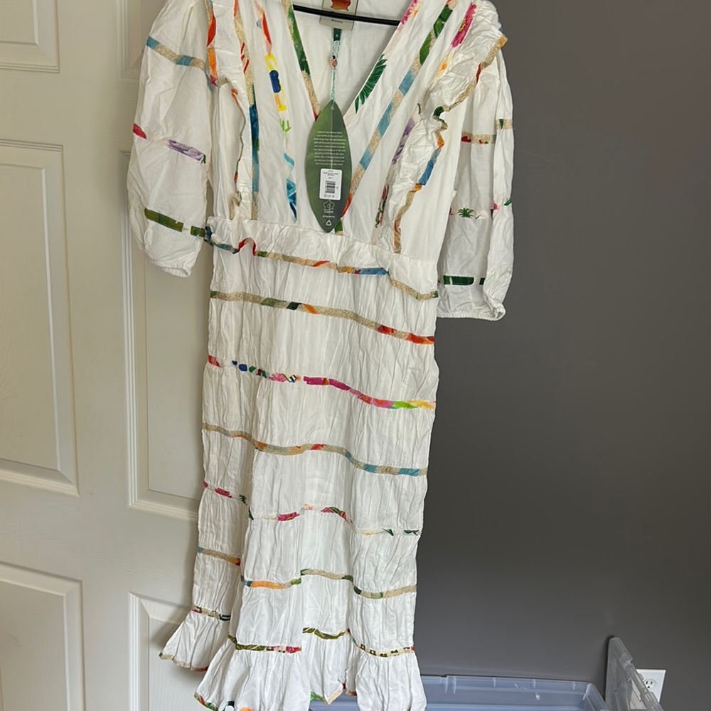 FARM Rio White Midi Dress with Rainbow Stripe Trim